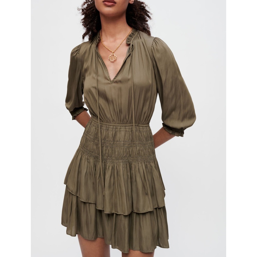 Maje Dress Satin‎ With Smocking And Ruffles Khaki Sz 38 / US Medium